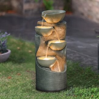 LuxenHome Cement Modern 5 Tiered Bowls Outdoor Patio Water Fountain with LED Light Floor Stacked Stone Waterfall Fountain Decoration for Garden Back Yard Courtyard 32 Inch, Gray/Light Gray