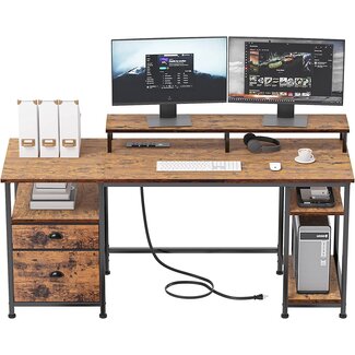 Furologee Desk with Shelves and Drawer, 61" Large Computer Desk with Power Outlet and USB Ports, Writing Desk with Fabric File Cabinet and Long Monitor Stand, Study Gaming Table for Home Office