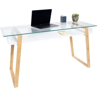 bonVIVO Massimo Small Desk - 55 Inch, Modern Computer Desk for Small Spaces, Living Room, Office and Bedroom - Study Table w/Glass Top and Shelf Space - White