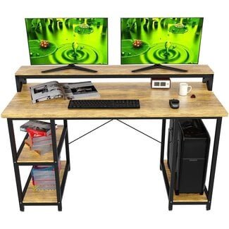 Halter Wood Computer Desk with Monitor Shelf, 55 inch Industrial Studio Gaming Desk with Storage, Dual Monitor Stand, Home Office PC Desk, Modern Rustic Compact Writing Desk, Walnut and Black