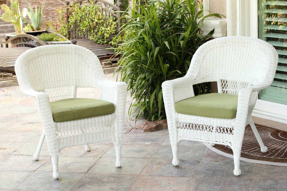 Jeco Wicker Chair with Green Cushion Set of 2 White W00206