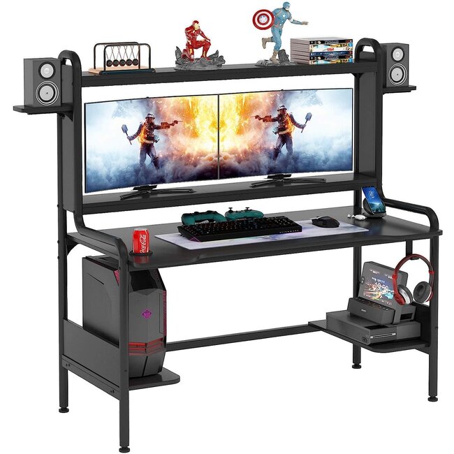TIYASE Gaming Desk with Monitor Stand, 55 Inch Gaming Computer Desk with Hutch and Storage Shelves, Large PC Gamer Desk Workstation Gaming Table with Cup Holder, Headphone Hook, Speak Stands, Black