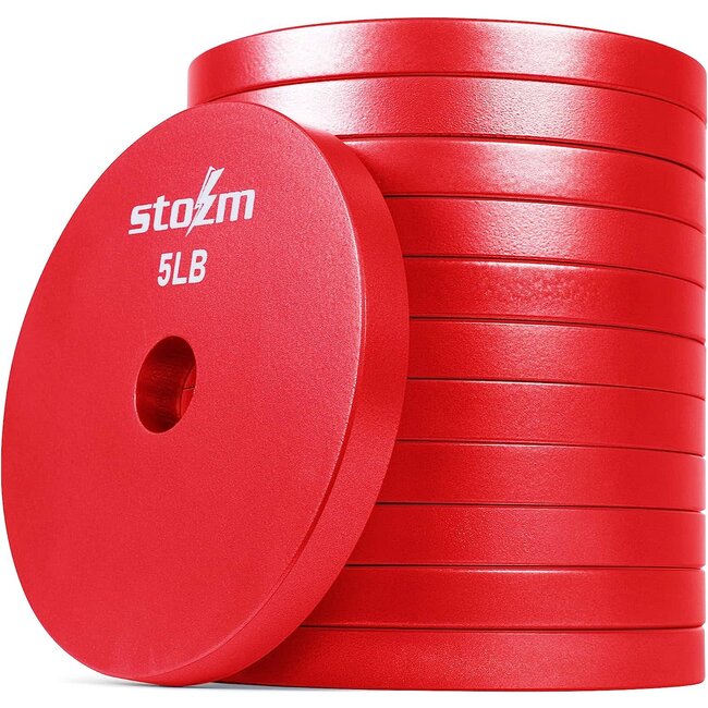 STOZM Premium Solid Steel 1-inch Weight Plate Electrostatic Powder Coating - Set of 12 x 5lbs Strength Training, Conditioning Workouts, Weightlifting, Powerlifting and Crossfit (Red)