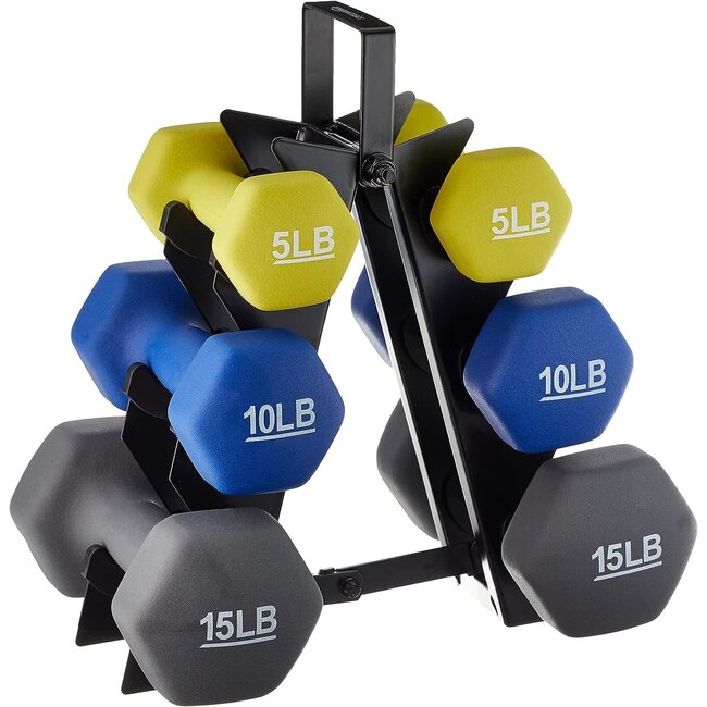 Amazon Basics Neoprene Coated Hexagon Workout Dumbbell Color Coded Hand Weight with Storage Rack, 60 Pounds (3 Pairs of 5, 10, and 15 Pounds), Green/Blue/Grey