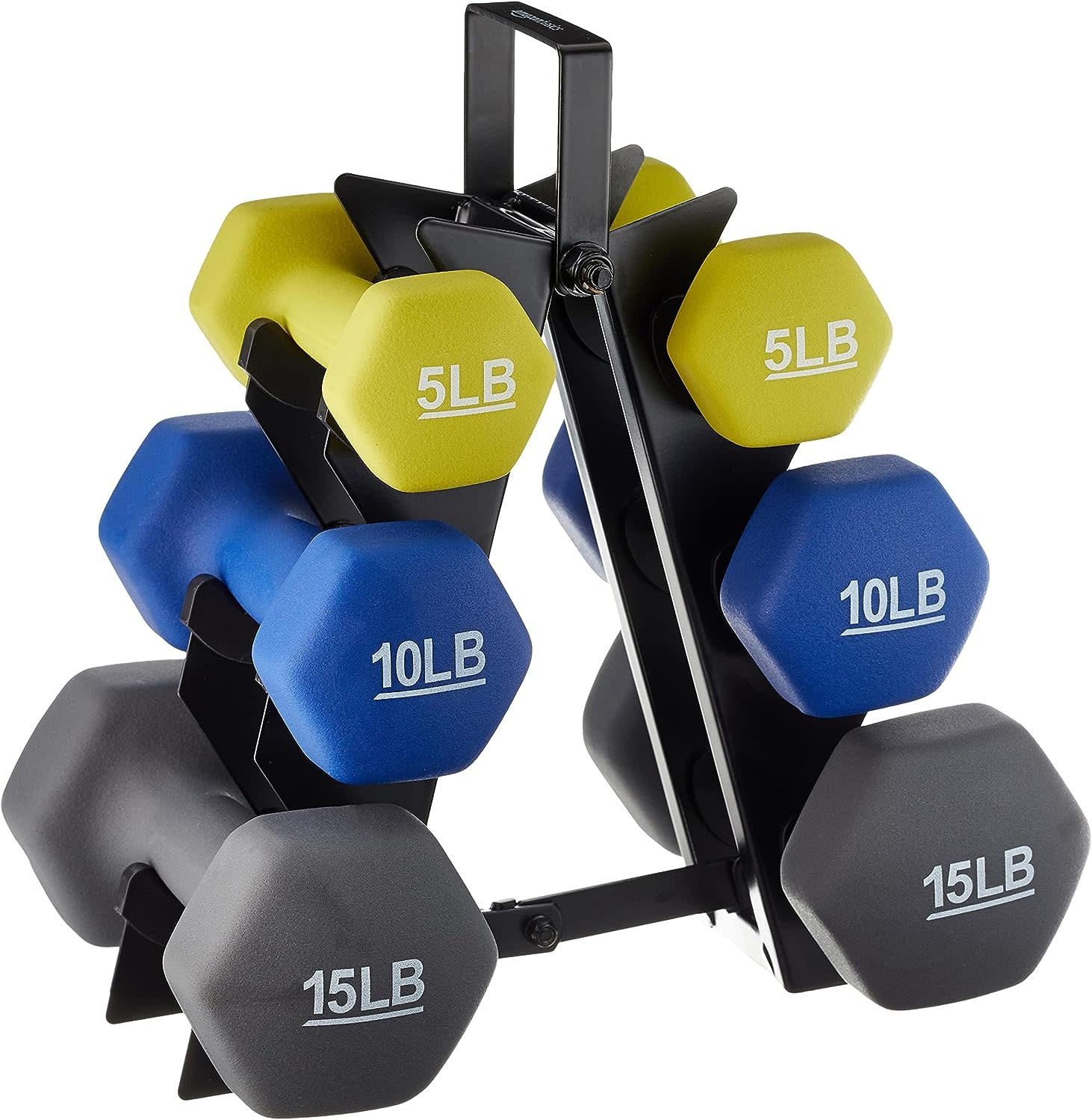 Basics Neoprene Coated Hexagon Workout Dumbbell Color Coded Hand  Weight with Storage Rack, 60 Pounds (3 Pairs of 5, 10, and 15 Pounds),  Green/Blue/Grey - Amazing Bargains USA - Buffalo, NY