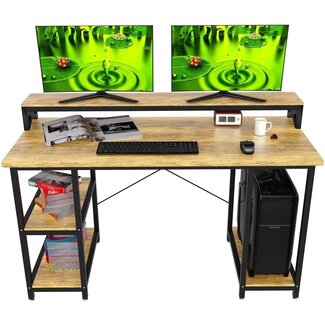 Halter Wood Computer Desk with Monitor Shelf, 55 inch Industrial Studio  Gaming Desk with Storage, Dual Monitor Stand, Home Office PC Desk, Modern 