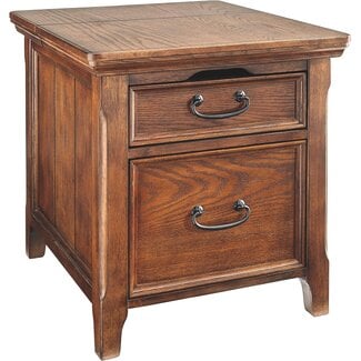 Signature Design by Ashley Woodboro Traditional Square End Table with 1 File Drawer, 2 Electrical Outlets and USB Port, Dark Brown