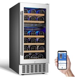 AAOBOSI 15 Inch Wine Cooler Refrigerator, 28 Bottles Dual Zone Wine Fridge WIFI APP Control with Double Layer Tempered Glass Door, Temp Memory Function Freestanding & Built-in Wine Refrigerator