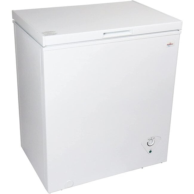 Koolatron Compact Chest Freezer, 5.0 cu ft (155L), White, Manual Defrost Deep Freeze, Storage Basket, Space-Saving Flat Back, Stay-Open Lid, Front-Access Defrost Drain, for Apartment, Condo, Cottage
