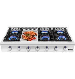 48'' Gas Rangetop, GASLAND Chef Professional Slide-in Natural Gas Cooktop Pro RT4806 with Indicator Light 6 Deep Recessed Sealed burners & Griddle Continuous Cast Iron Grates Re-ignition 120V Plug-in