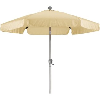 California Umbrella 7.5' Round Aluminum Pole Fiberglass Rib Umbrella, Crank Open, Push Button 3-Way Tilt, Champagne Pole, Antique Beige