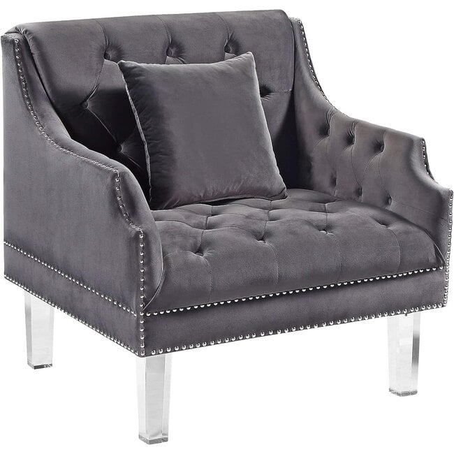 Meridian Furniture Roxy Collection Modern  Contemporary Velvet Upholstered Chair with Luxurious Deep Tufting, Nailhead Trim and Acrylic Legs, Grey, 33.5" W x 32" D x 35" H