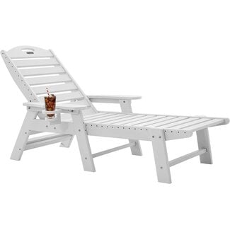 Chaise Lounge for Outdoor, Patio Lounge Chairs for Outside, Chaise Lounge Chair with 6 Positions, HDPE?Lounge Chair with Cup Holder for Pool Poolside Deck Backyard Lawn, White