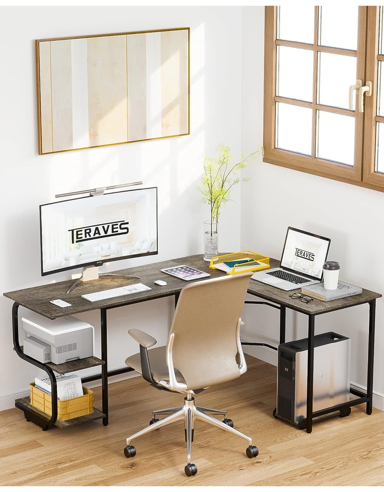 Teraves Reversible L Shaped Desk with Large Surface, 69 Inch Sturdy