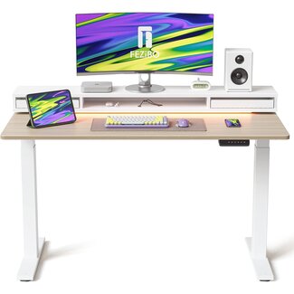 FEZIBO 55" - 26" Inch Electric Standing Desk with Monitor Stand, Height Adjustable Table with LED Strips, Ergonomic Home Office Desk with 2 Drawers Storage Gaming Workstation, Light Walnut