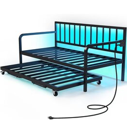 Rolanstar Daybed with Charging Station and LED Lights, Height Adjustable Twin Daybed with Trundle, Metal Sofa Bed Frame with Steel Slat Support for Living Room, Bedroom and Guest Room, Black