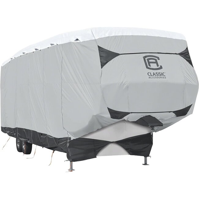 Classic Accessories Over Drive SkyShield Deluxe Water-Repellent 5th Wheel Trailer Cover, Fits 37' - 41'L x 140"H, Model 6T, Universal Camper Cover, Black/Grey/Snow White