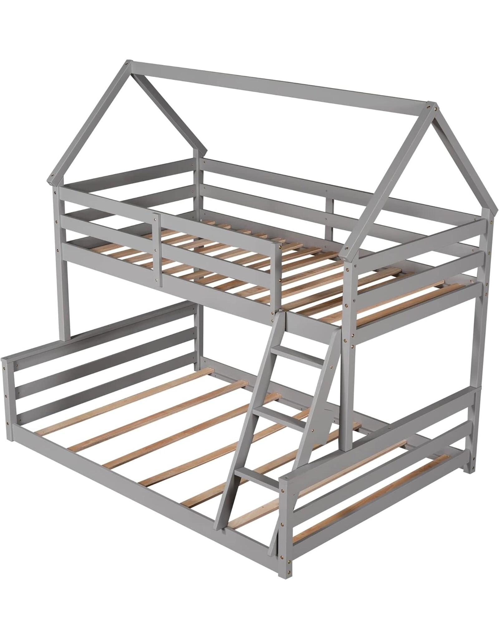 Twin Over Full House Bunk Bed with Builtin Ladder, Low Bunk Bed Fram w