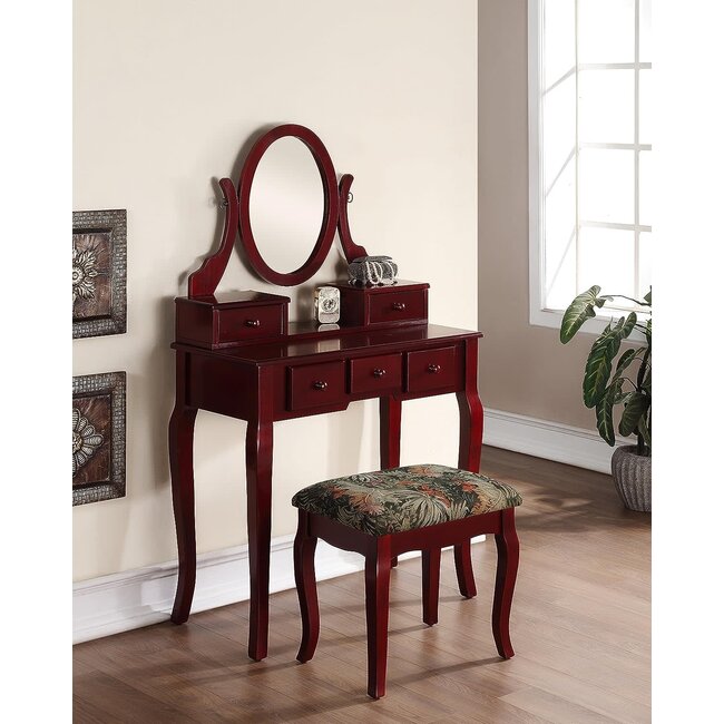 Roundhill Furniture Ashley Wood Make-Up Vanity Table and Stool Set, Cherry