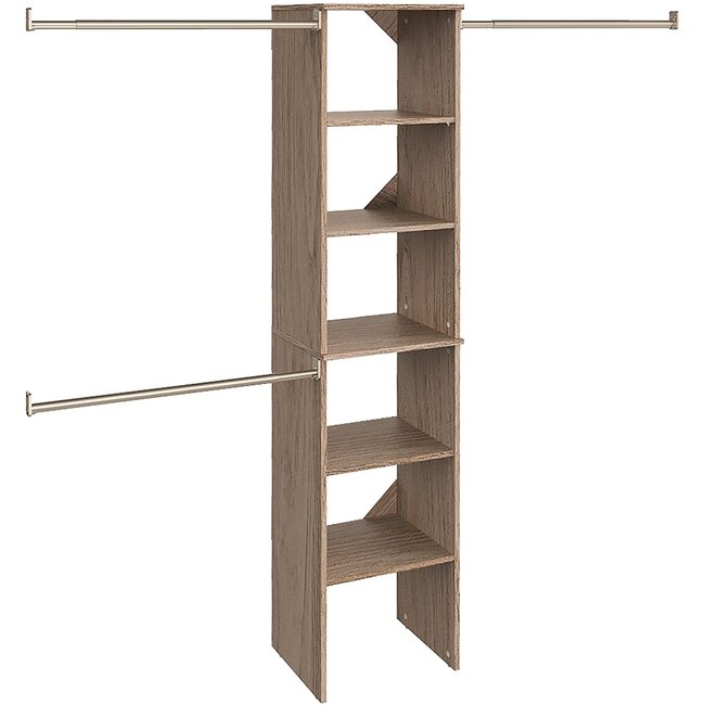 ClosetMaid SuiteSymphony Wood Closet Organizer Starter Kit with Tower and 3 Hang Rods Shelves, Adjustable, Fits Spaces 4 ? 9 ft. Wide, Natural Gray, 16"