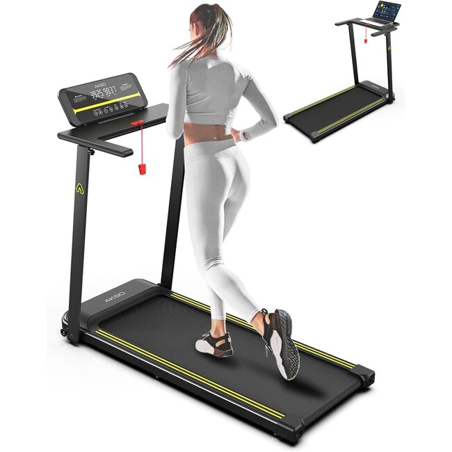 Folding Treadmill Desk Workstation AKSO Foldable Treadmill 300lb Capacity Portable Mini Treadmills for Home Office with Smart APP Adjustable LCD