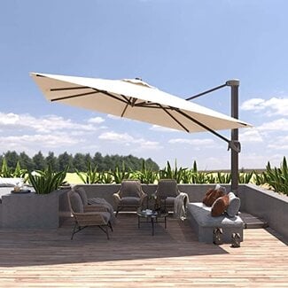 BLUU REDWOOD 10 FT Square Patio Umbrella Offset Cantilever Outdoor Umbrella Aluminum Market Hanging Umbrellas with 360Ã‚Â° Rotation Device and Unlimited Tilting System & Cross Base (Ivory Beige)