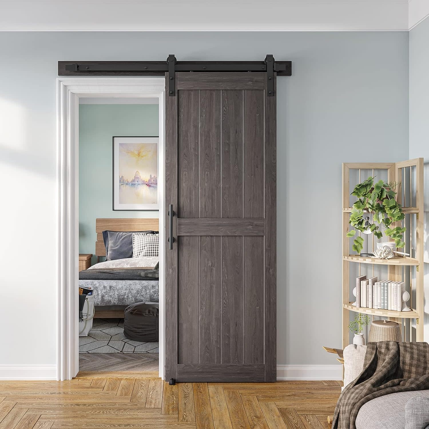 S&Z TOPHAND 36 in. x 84 in. Unfinished British Brace Knotty Barn Door with 6.6ft Sliding Door Hardware kit/solid wood/sliding