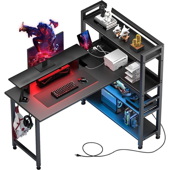 COMHOMA Computer Desk, 47" inch Home Office Desk with Shelves, L Shape Computer Corner Desk with Charging Port, Gaming Table Power Outlet Build in, LED Writing Desk with Monitor Stand