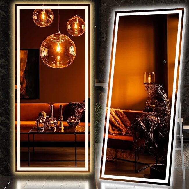 Hasipu Full Length Mirror with Lights, 71" x 28" Lighted Floor Standing LED Mirror Full Length, Full Body Mirror w/Dimming & 3 Color Lighting Square White