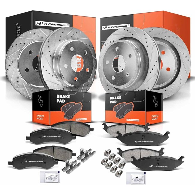 A-Premium Front & Rear Drilled and Slotted Disc Brake Rotors + Ceramic Pads Kit Compatible with Chrysler, Dodge and Ram Models - Ram 1500 2006-2010, 1500 2011-2018, Durango/Aspen 2007-2009, 12-PC Set
