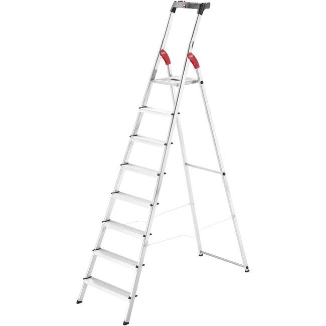 Hailo L60 StandardLine | Aluminum Folding Stepladder | Eight Steps | Integrated Multifunctional Storage Tray | Stable tie bar Guide | Patented HAILO Hinge Protection | Rustproof | Silver (9204016006)