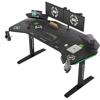X-WIN 63" Standing Gaming Desk, Wing-Shaped Computer Desk with Full Coverage Mouse Pad, Electric Height Adjustable Standing Desk with RGB LED Lights and Slot Design Shelves for Home Office