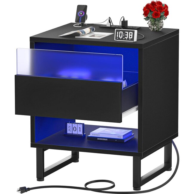  Black Nightstand with Charging Station, Night Stand