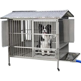 KINGBO 37 inch Heavy Duty Outdoor Dog House with Wheels, Stainless Steel Puppy Shelter, Waterproof Dog Kennel with Sloping Roof and Elevated Floor, Easy Cleaning Funnel Tray, 23.6''D x 37''W x 38''H