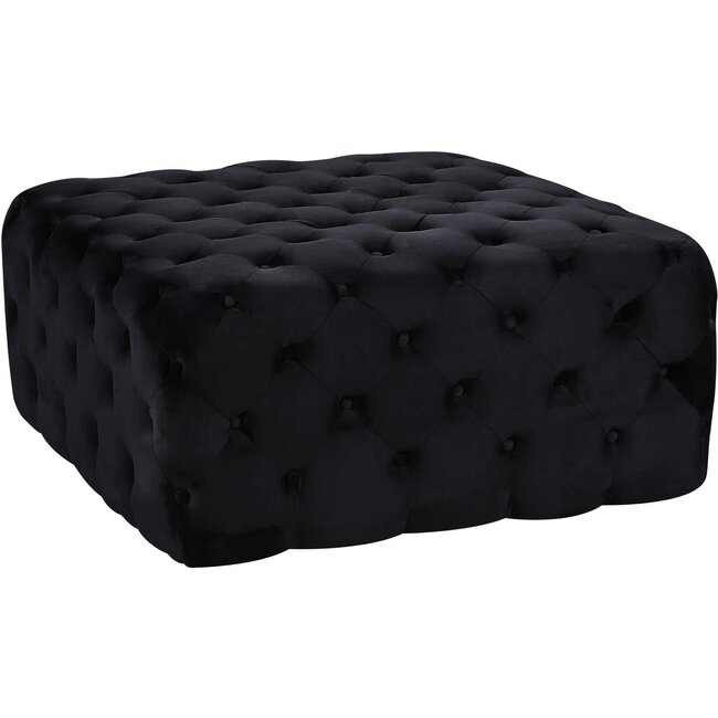 Meridian Furniture Ariel Collection Modern  Contemporary Black Velvet Upholstered Ottoman/Bench with Deep Button Tufting, Solid Wood Frame, Square,
