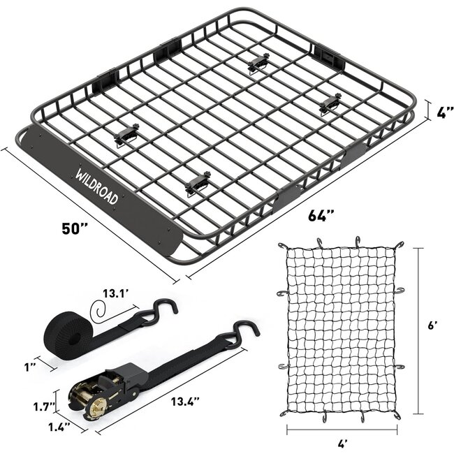 WILDROAD Roof Rack Cargo Basket, Upgraded 4 Fence Wide Car Roof Basket, 64"x 50"x 4" Universal