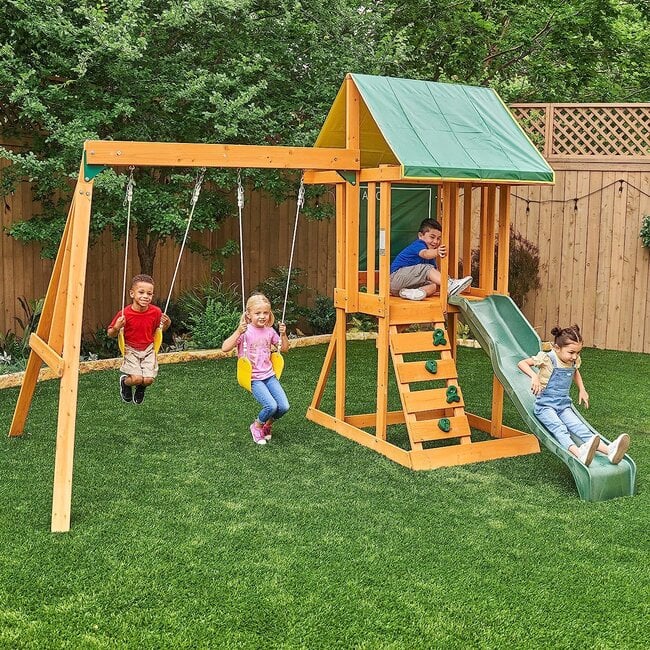 KidKraft Appleton Wooden Swing Set / Playset with Swings, Slide, Rock Wall, Chalkwall, Clubhouse and Sandbox, Gift for Ages 3-10