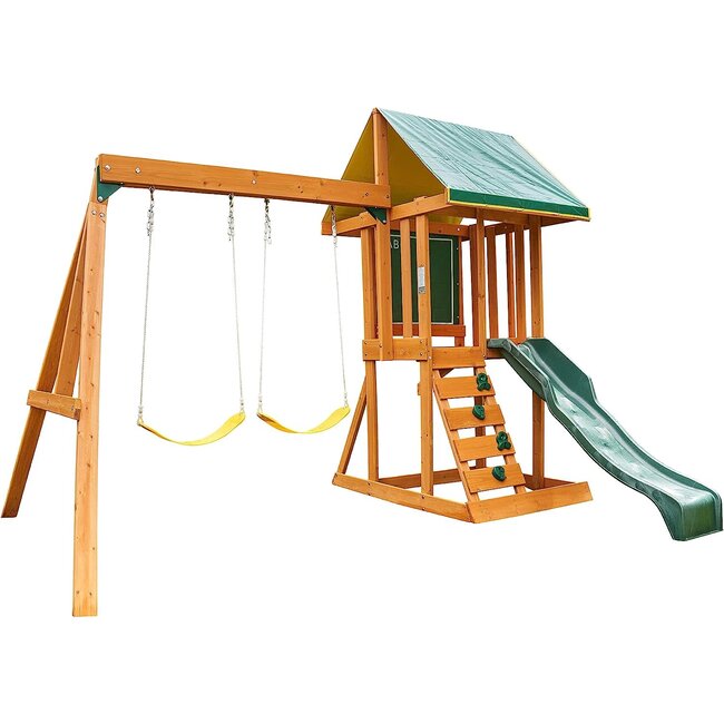 KidKraft Appleton Wooden Swing Set / Playset with Swings, Slide, Rock Wall, Chalkwall, Clubhouse