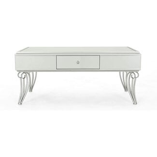 Ophelia Modern Mirrored Coffee Table with Drawer, Tempered Glass, Silver Iron Frame