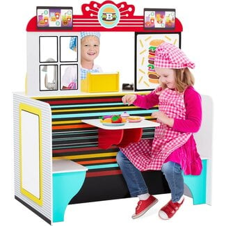 Lilâ€™ Jumbl Double-Sided Restaurant Playset for Kids, Wooden Pretend Diner Set, Kitchen Set with Cash Register, Burners, Faucet & Dispenser are Battery Operated and Make Realistic Sound & Light