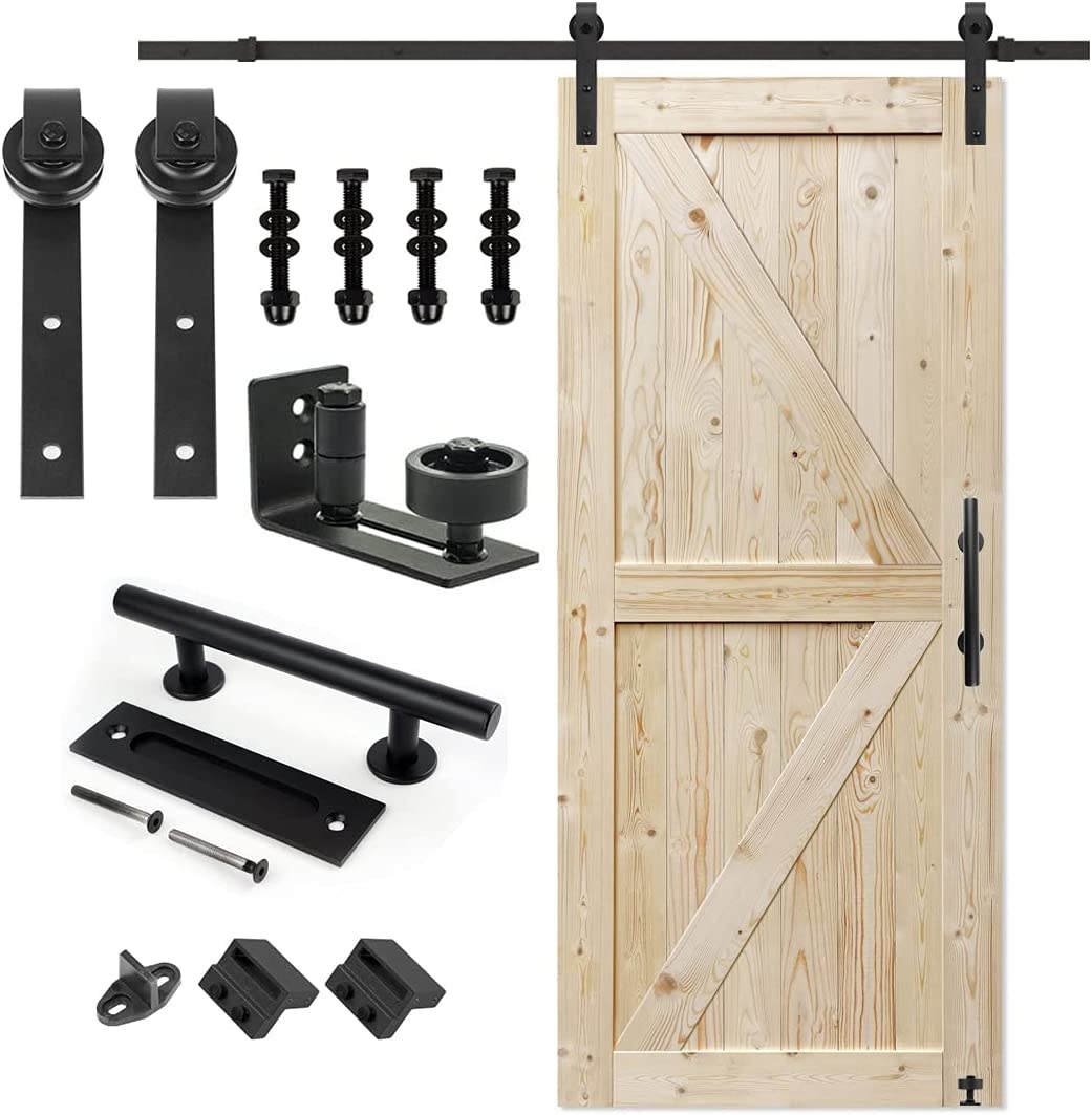 S&Z TOPHAND 36 in. x 84 in. Unfinished British Brace Knotty Barn Door with  6.6FT Sliding Door Hardware Kit/Solid Wood/Sliding Door/Double Surfaces/A  Simple Assembly is Required (36, Door+J Shape) - Amazing Bargains