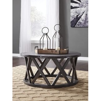 Signature Design by Ashley Sharzane Rustic Round Solid Wood Pine Coffee Table, Weathered Gray Finish