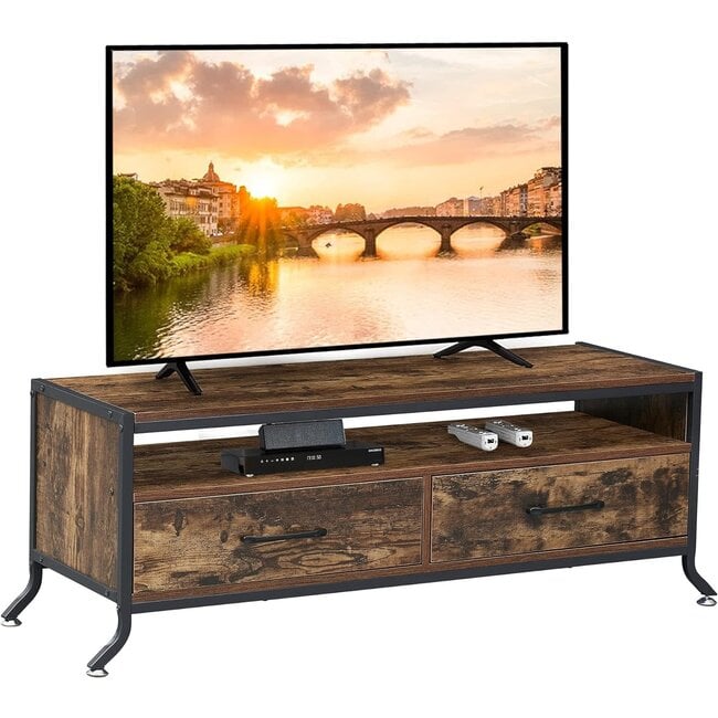 VECELO Industrial TV Stand, Television Console with 2 Storage Cabinet for Living Room, Home Media Entertainment Center, Wood Look Accent Coffee Table with Metal Frame, 47"x 15.7"x17.7", Vintage Brown