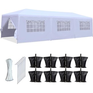 SereneLifeHome Pop Up Canopy Tent - 10x30 Portable Commercial Instant Shelter Foldable/Collapsible Sun Shade Waterproof Tent w/ 8 Walls - 8 Sand Bag, 8 Stake & Ropes White (SLTET30NG)