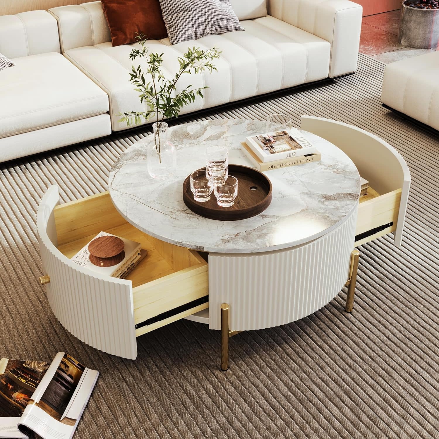 Merax Modern Round Coffee Table Set with 2 Large Drawers Storage Golden Metal Leg Circular Marble Pattern for Living Room Apartment 31.5 Off