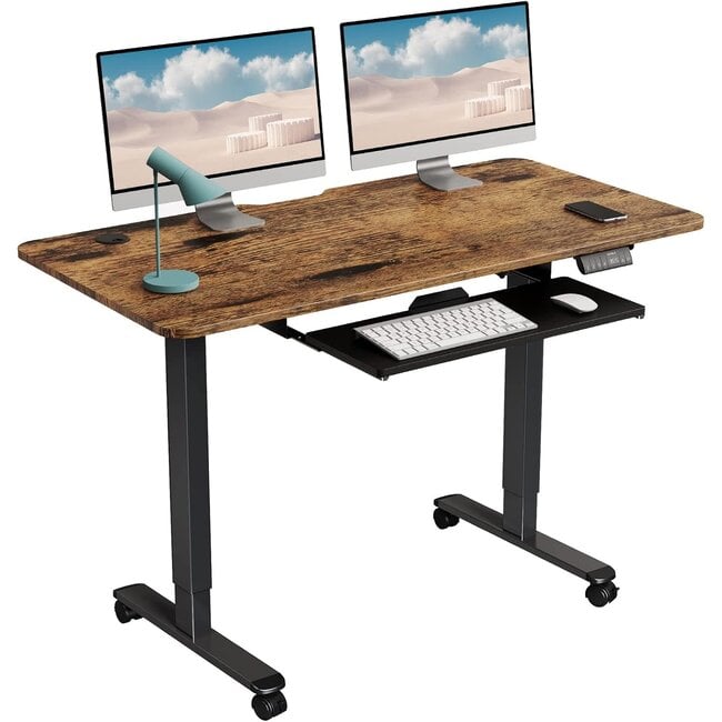 WOKA Electric Standing Desk Adjustable Height, 48 x 24 Inches Stand up Desk with Keyboard Tray, Sit Stand Desk with Memory Controller for Home Office, Motorized Desk with Splice Board, Rustic Brown
