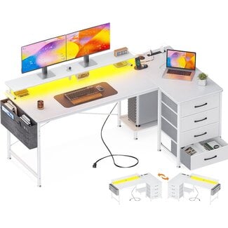 ODK 63" Reversible L Shaped Computer Desk with 4-Tier Fabric Drawers, Gaming Desk with LED Lights & USB Power Outlets & Charging Port & CPU Stand & Monitor Stand for Home Office Workstation, White