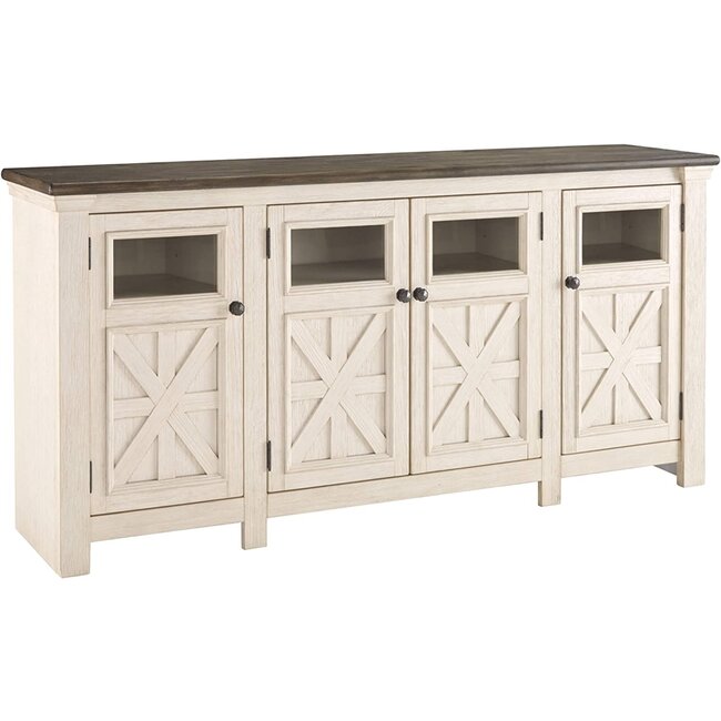 Signature Design by Ashley Bolanburg Two Tone Farmhouse TV Stand, Fits TVs up to 72", 3 Cabinets and Adjustable Storage Shelves, Whitewash