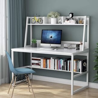 Tribesigns Computer Desk with Hutch, 47 inches Home Office Desk with Space Saving Design with Bookshelf for Small Spaces (All White, 47)