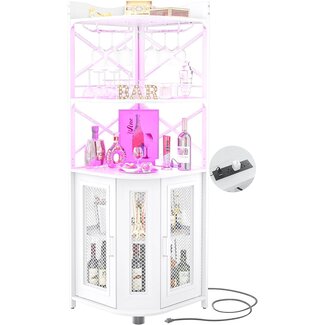 Aheaplus Corner Bar Cabinet with Power Outlet, Industrial Wine Cabinet with LED Strip and Glass Holder, 5-Tiers Liquor Cabinet Bar Unit for Home, Corner Display Cabinet for Small Space, White